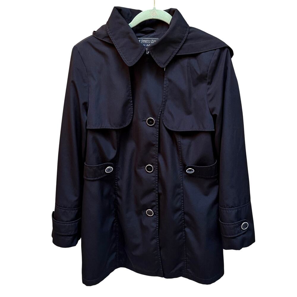Fleet Street Hooded Rain Jacket Womens Size L Black Trench Coat